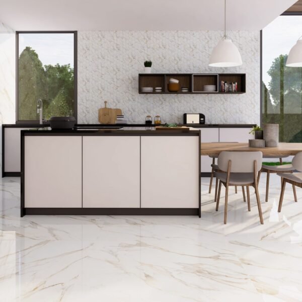 Carrelage effet marbre doré en grès cérame poli
